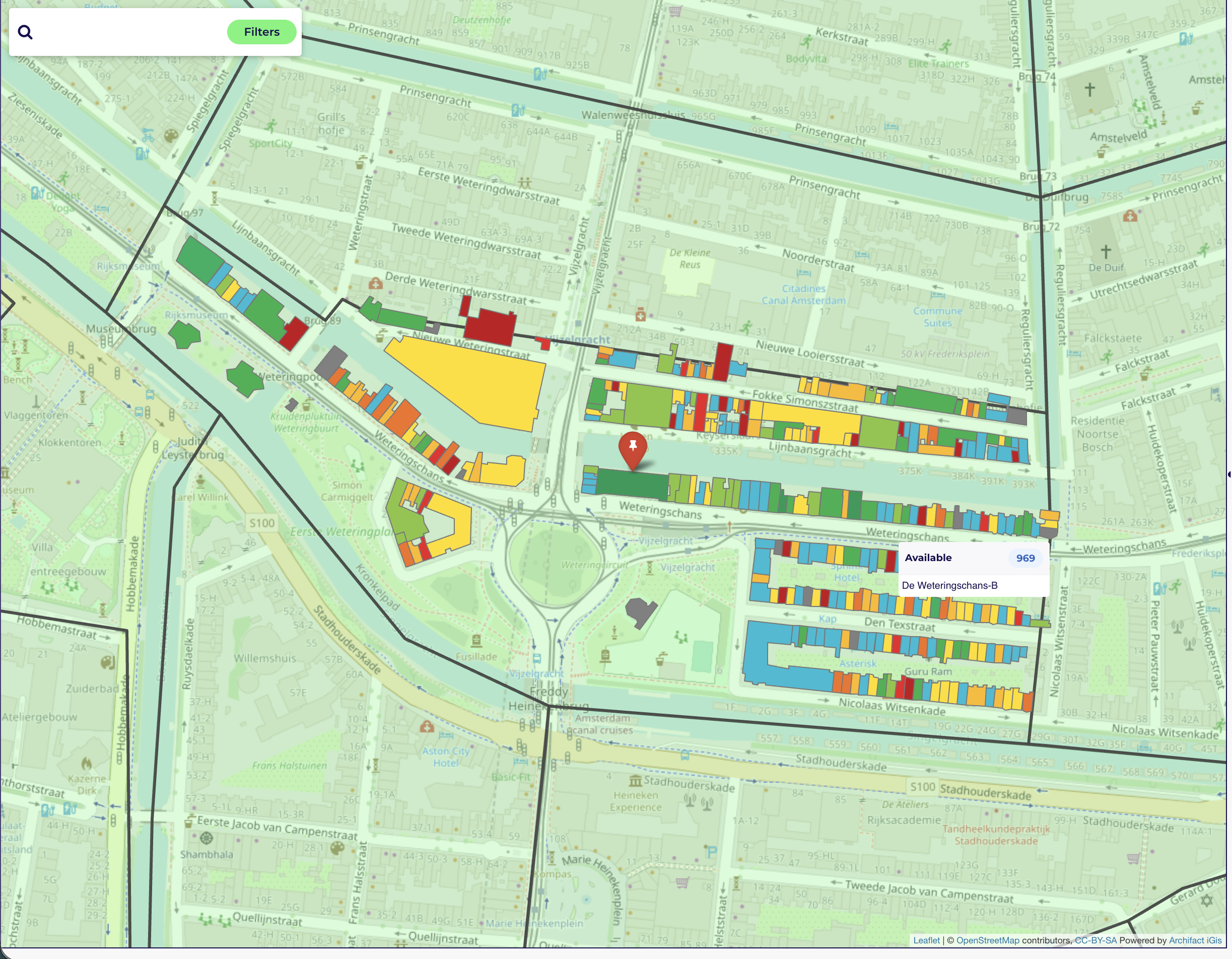 De echte kaart van Briggs+Walker rond de Weteringschans in Amsterdam, met gekleurde panden en gebiedsgrenzen
