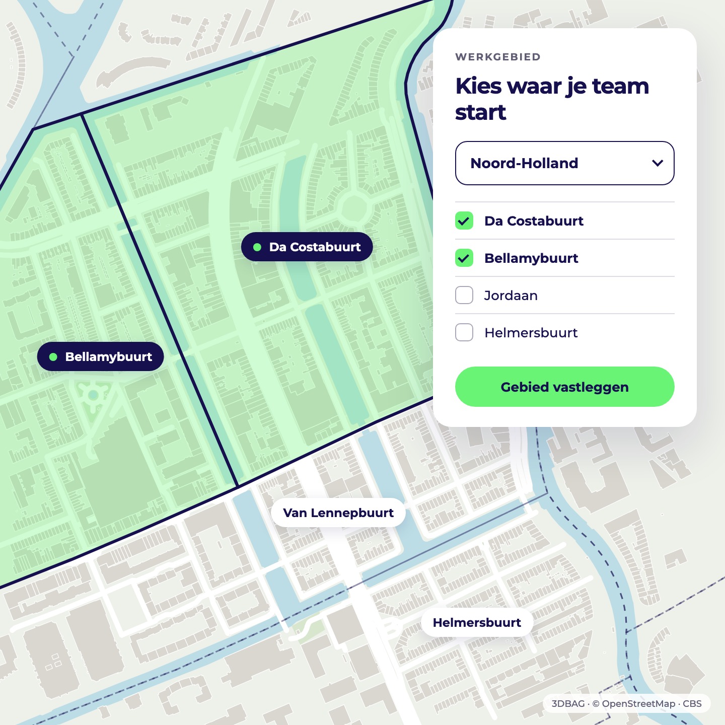 Kaart met wijkgrenzen. Twee wijken zijn gekozen als werkgebied.