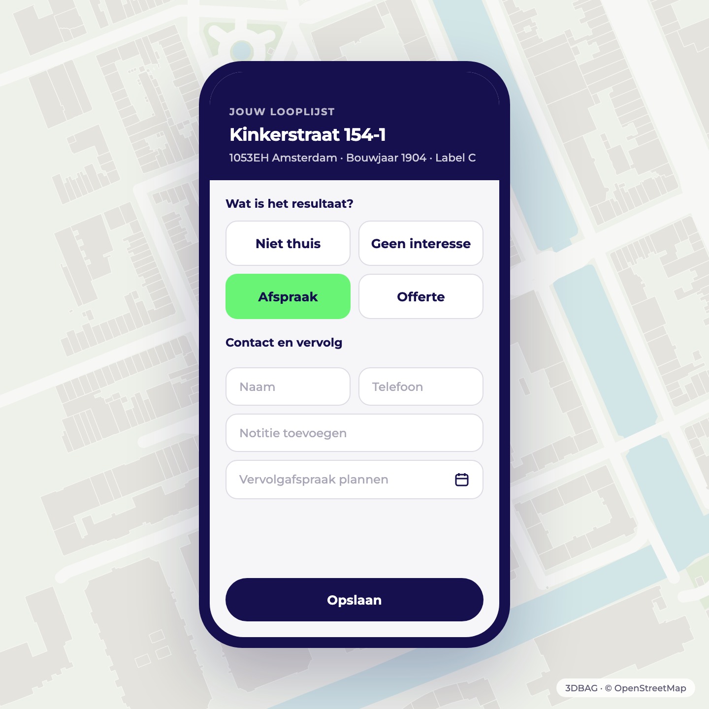 Telefoon met de app: bij een adres kies je Niet thuis, Geen interesse, Afspraak of Offerte en leg je contact en vervolg vast.